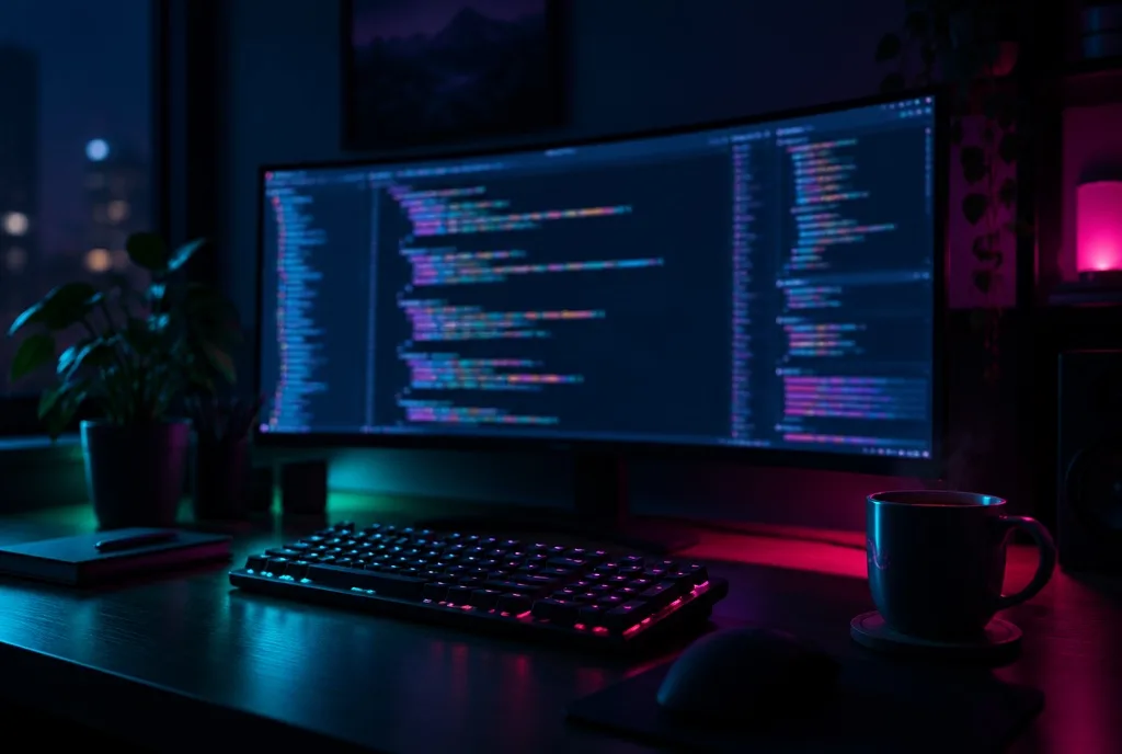 Wide monitor glowing with code in a dark room