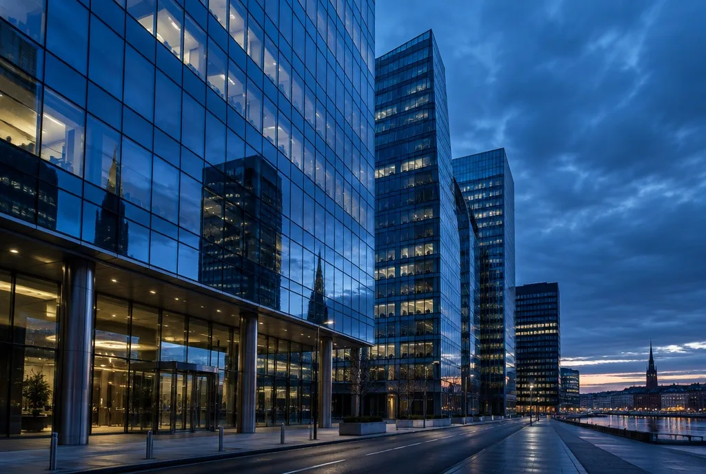 Glass facades in a financial district at dusk