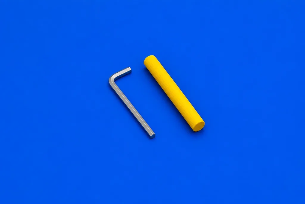 Hex key and yellow wooden dowel on a bright blue background