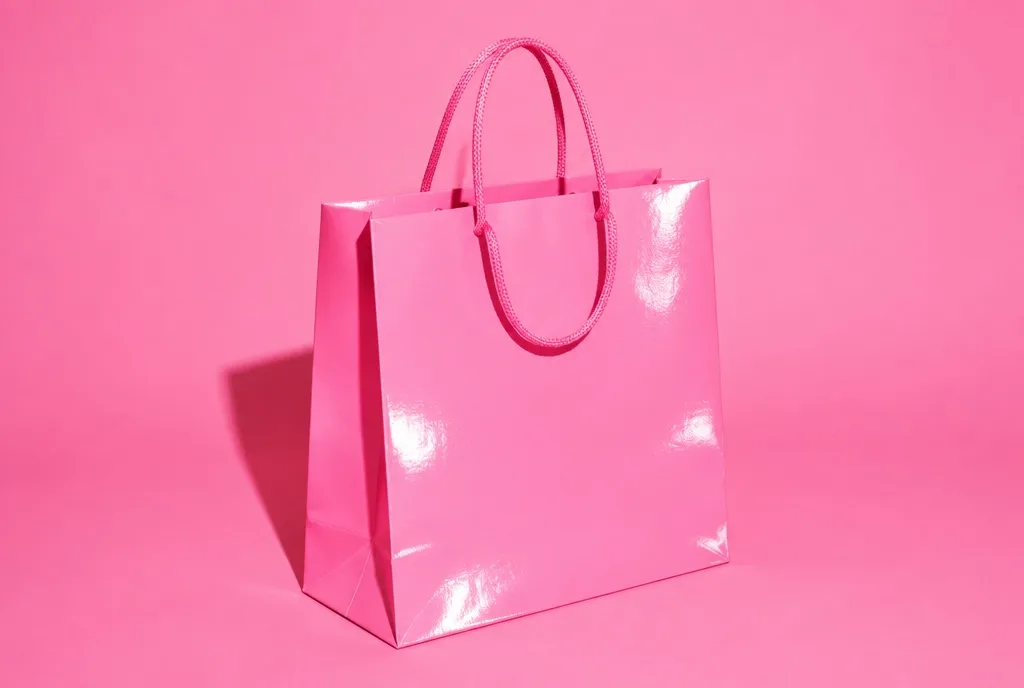 Glossy pink shopping bag against a pink backdrop