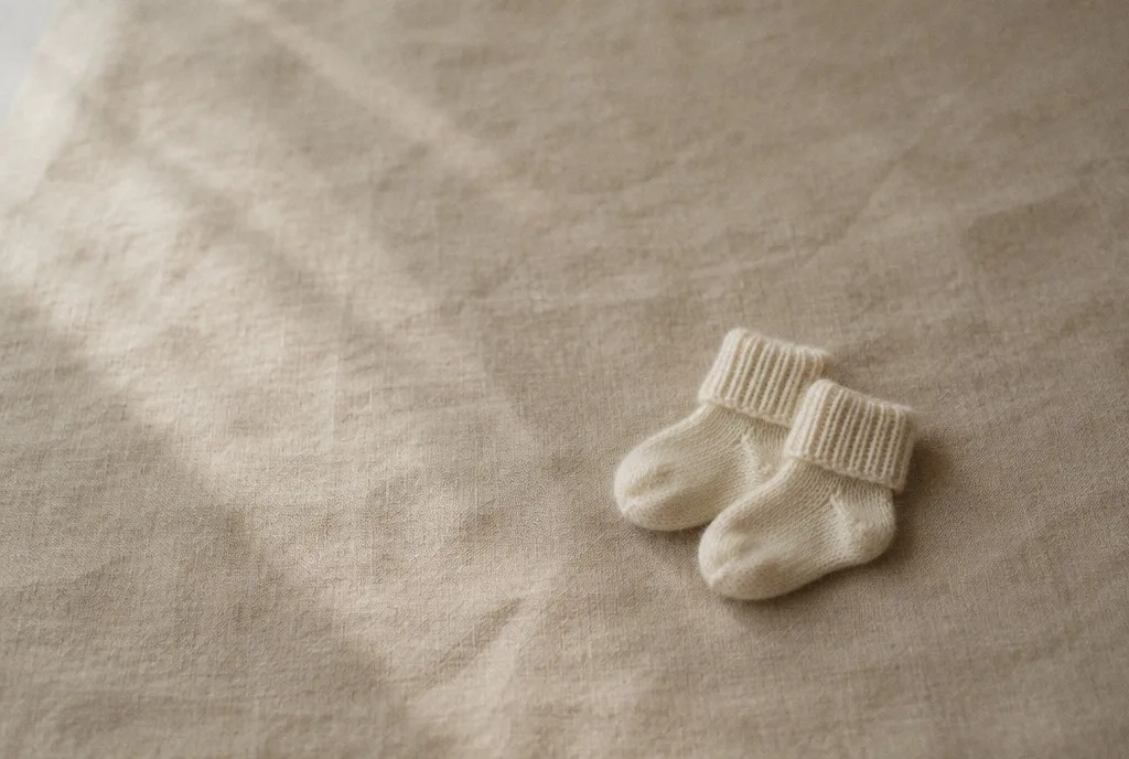 A pair of tiny white wool baby socks on linen