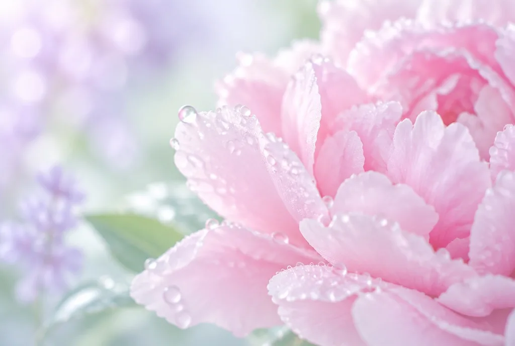 Close-up of pink peony petals with water droplets