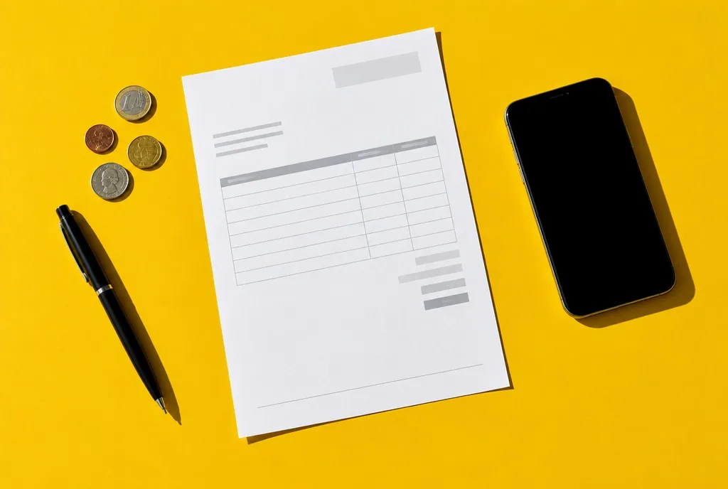 Invoice, coins, pen and phone on a yellow surface, shot from above