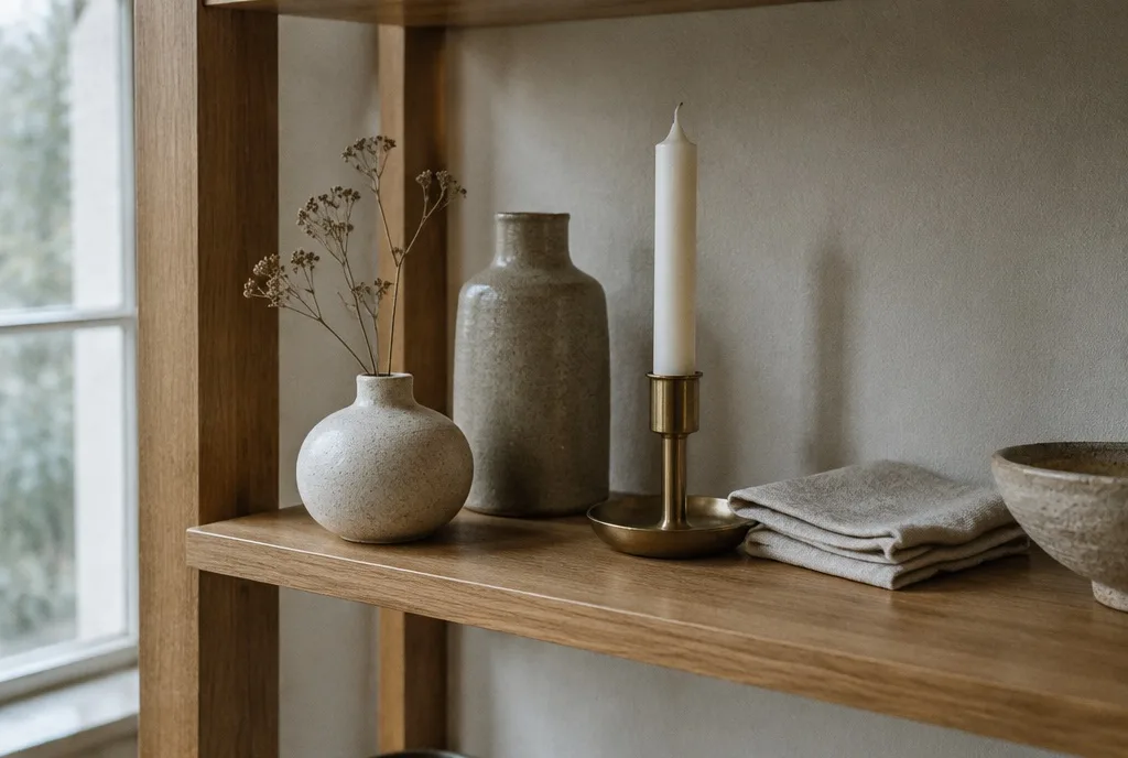 Shelf of Scandinavian design objects in stoneware and brass