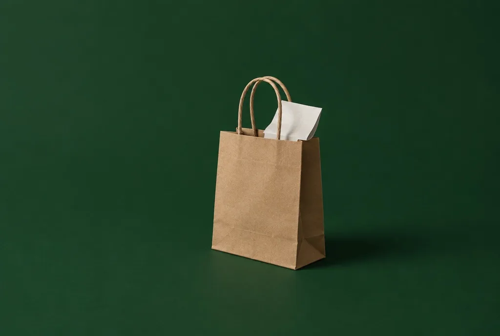 Small paper bag with a receipt on a dark green background